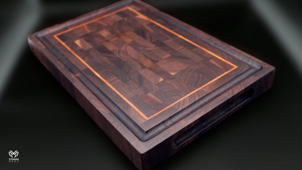 Konfigurierbares Stirnholz-Schneidebrett – Walnuss mit hellem Inlay